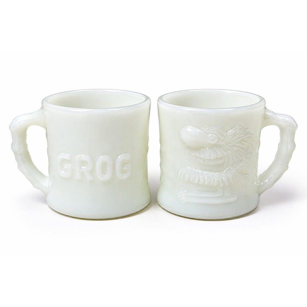 Fire-King B.C. Grog Mugs Pair Johnny Hart Milk Glass Anchor Hocking Vintage